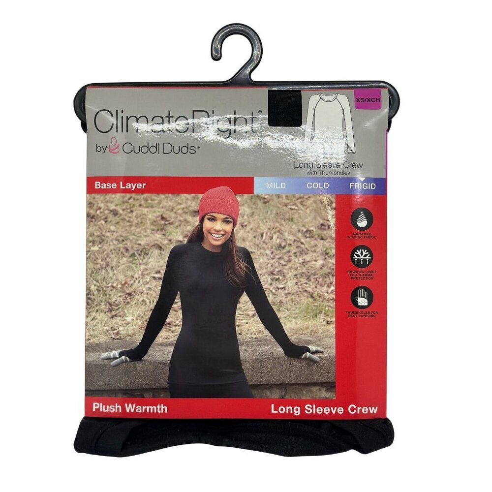 NWT Cuddl Duds ClimateRight XS Women Plush Warmth LS Crew Black Soft Base‎ Layer